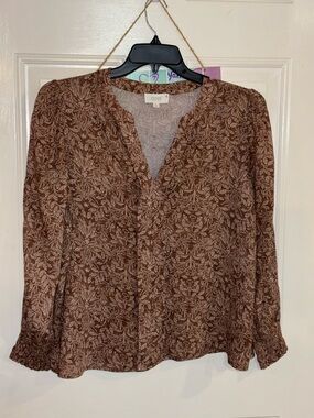 ODDY Brown Floral V-Neck Long-Sleeve Blouse
